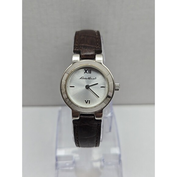 Eddie Bauer Roman Dial Womens Quartz Watch Brown Leather Band Silver New Battery - Picture 1 of 13
